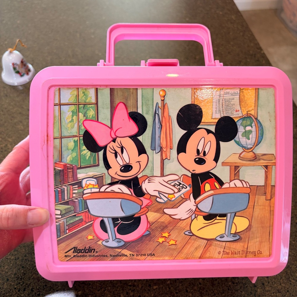 Vintage Aladdin Mickey Minnie Mouse Pink Plastic Lunch Box Back to School USA